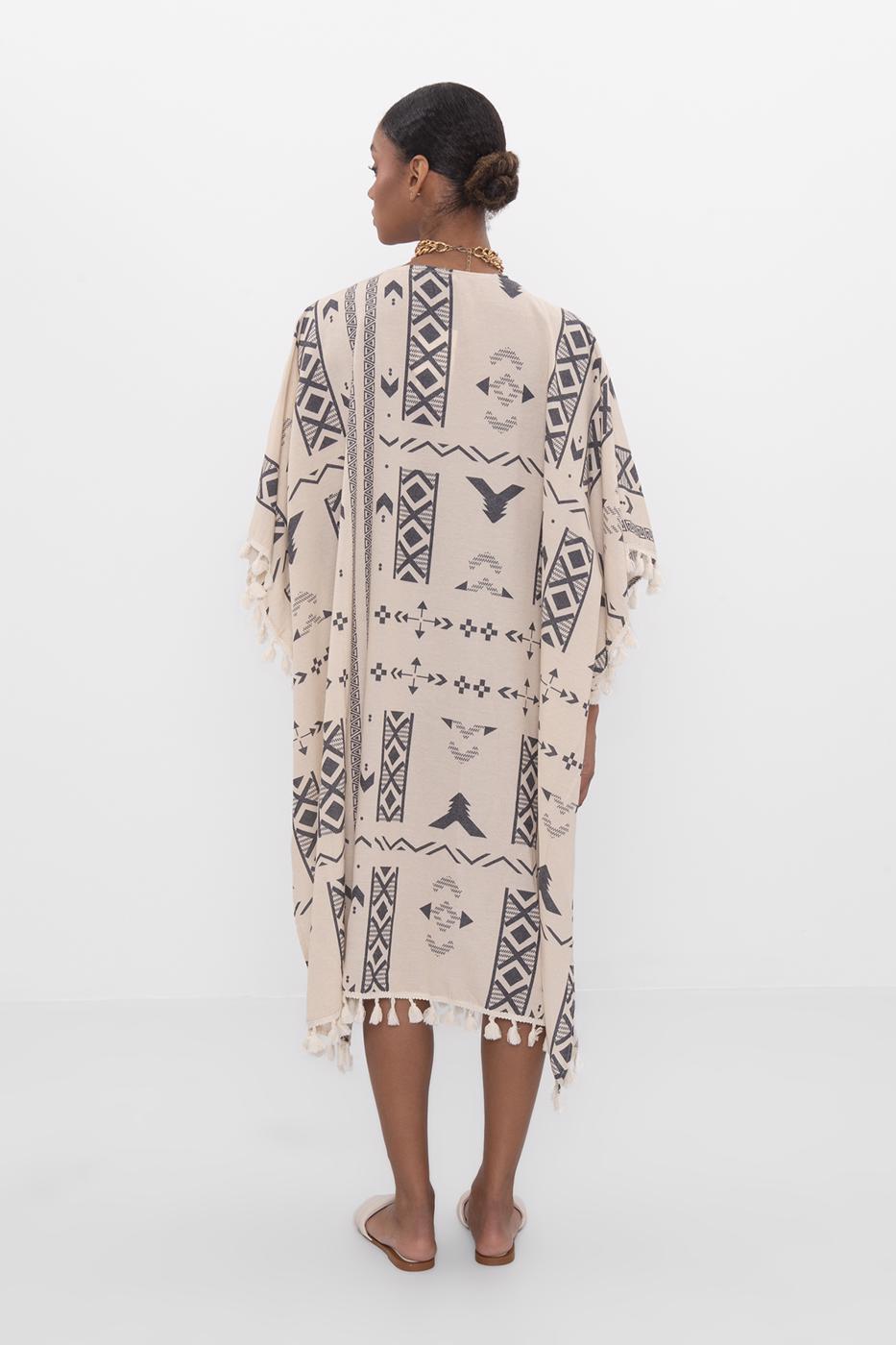 Bayan Ekru Etnik Desenli Kimono