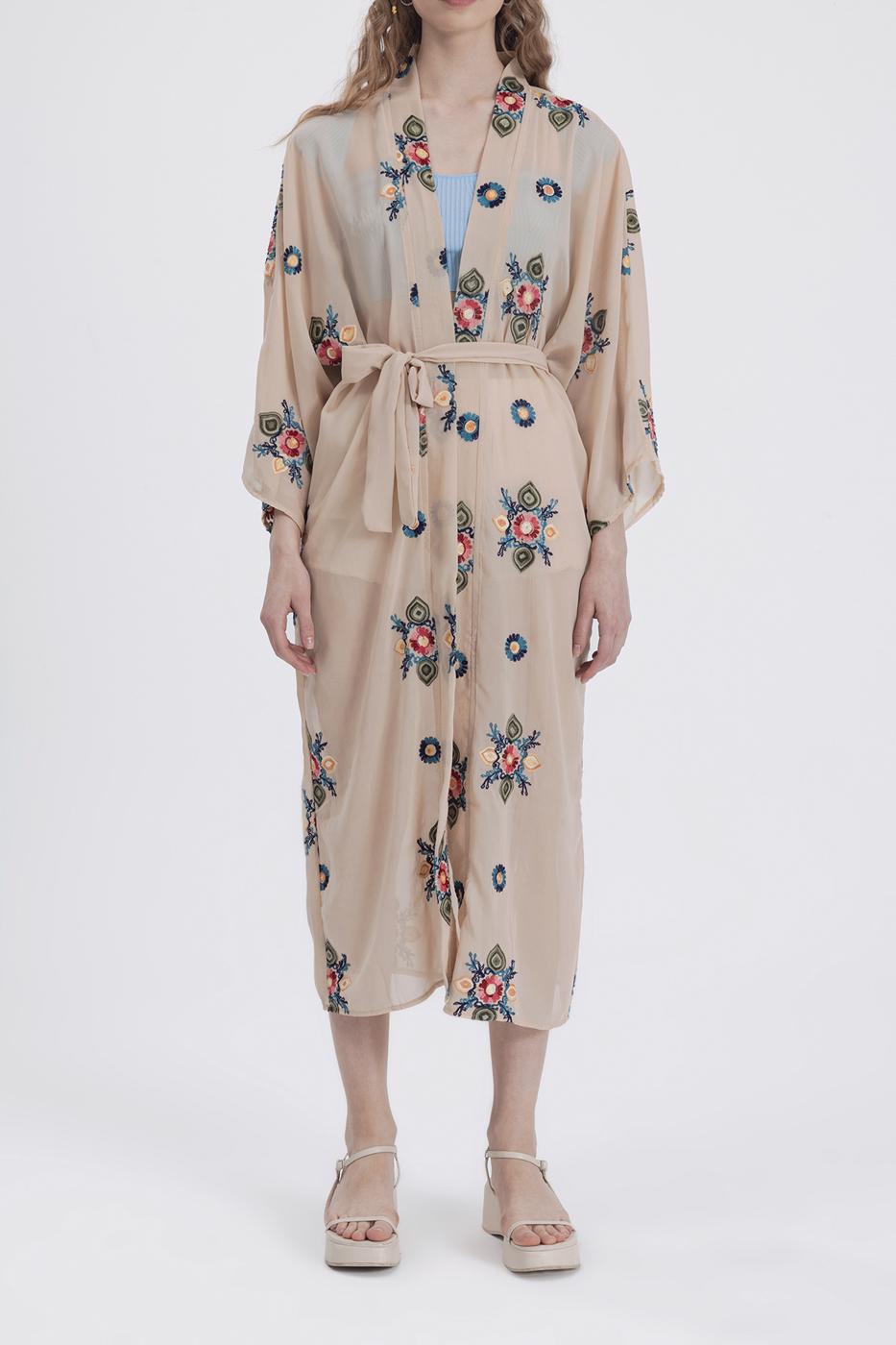 Bayan Bej Nakışlı Şifon Kimono