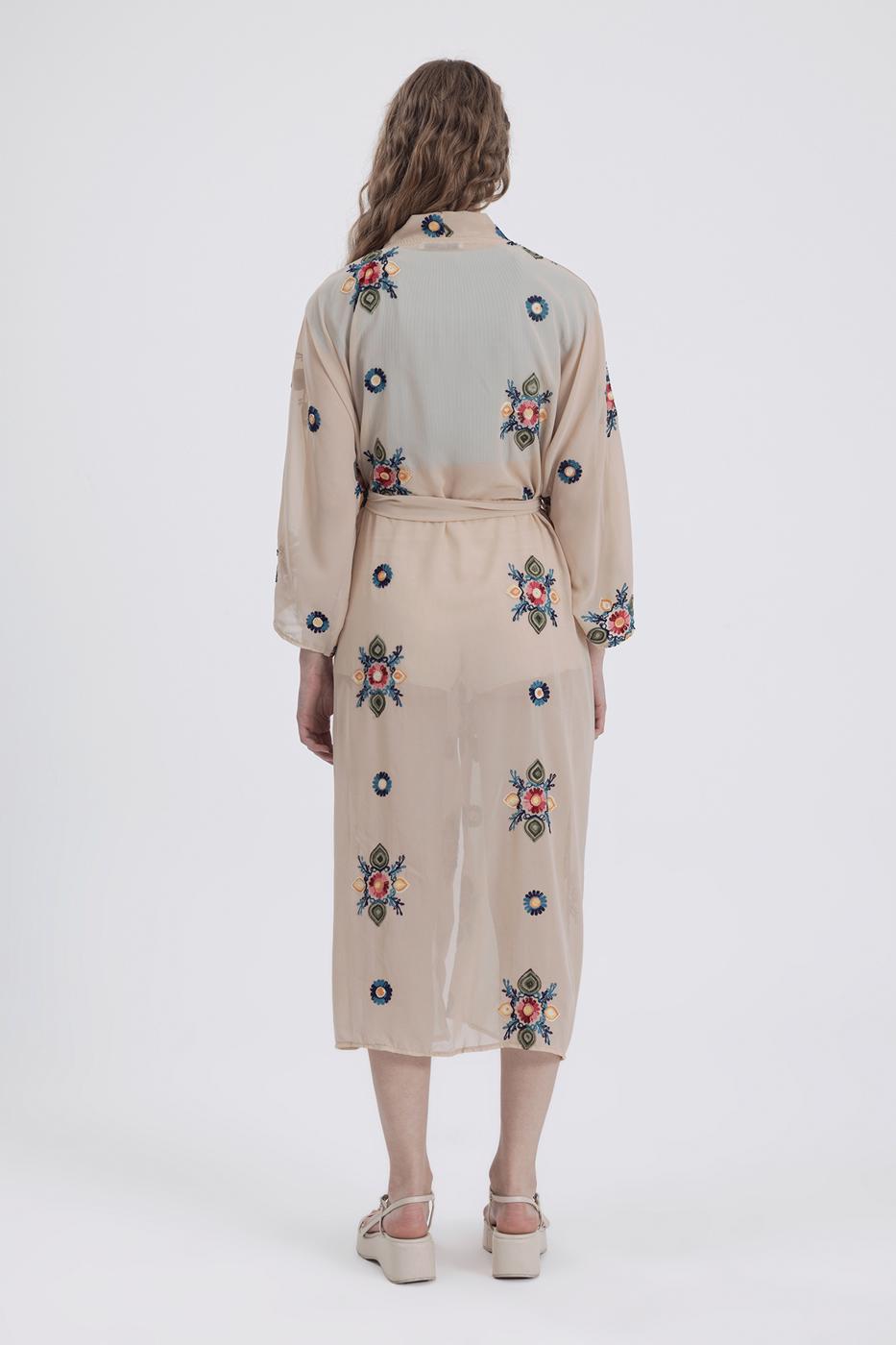 Bayan Bej Nakışlı Şifon Kimono
