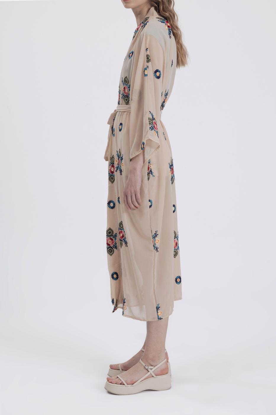 Bayan Bej Nakışlı Şifon Kimono