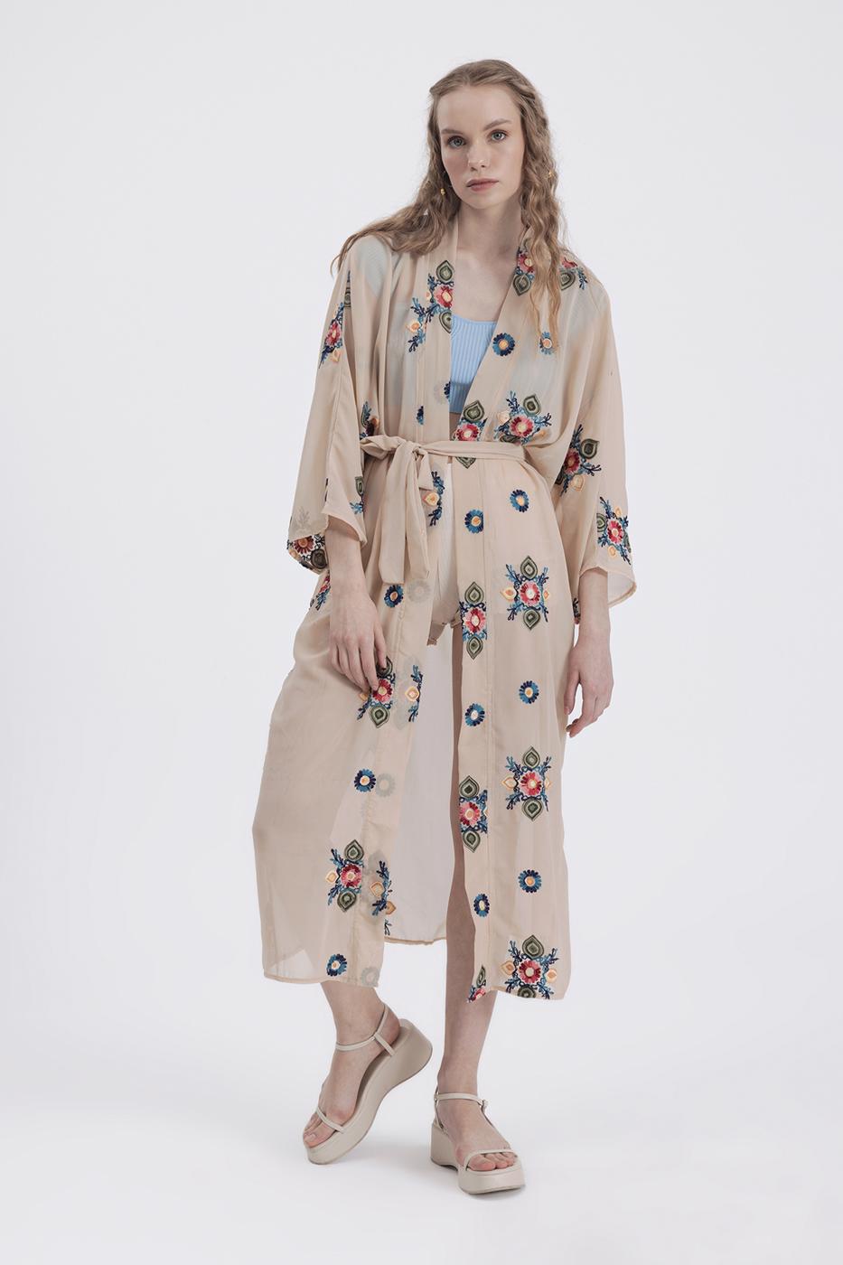 Bayan Bej Nakışlı Şifon Kimono