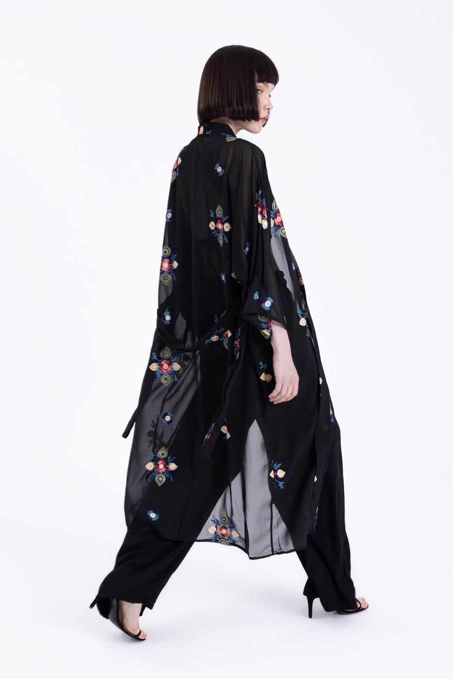 Bayan Siyah Nakışlı Şifon Kimono