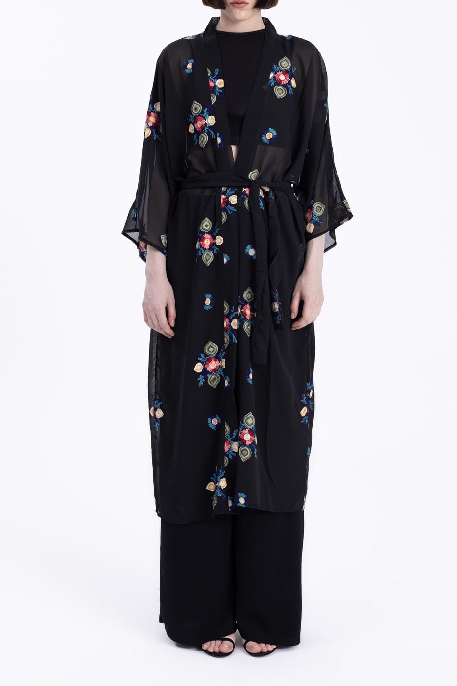 Bayan Siyah Nakışlı Şifon Kimono