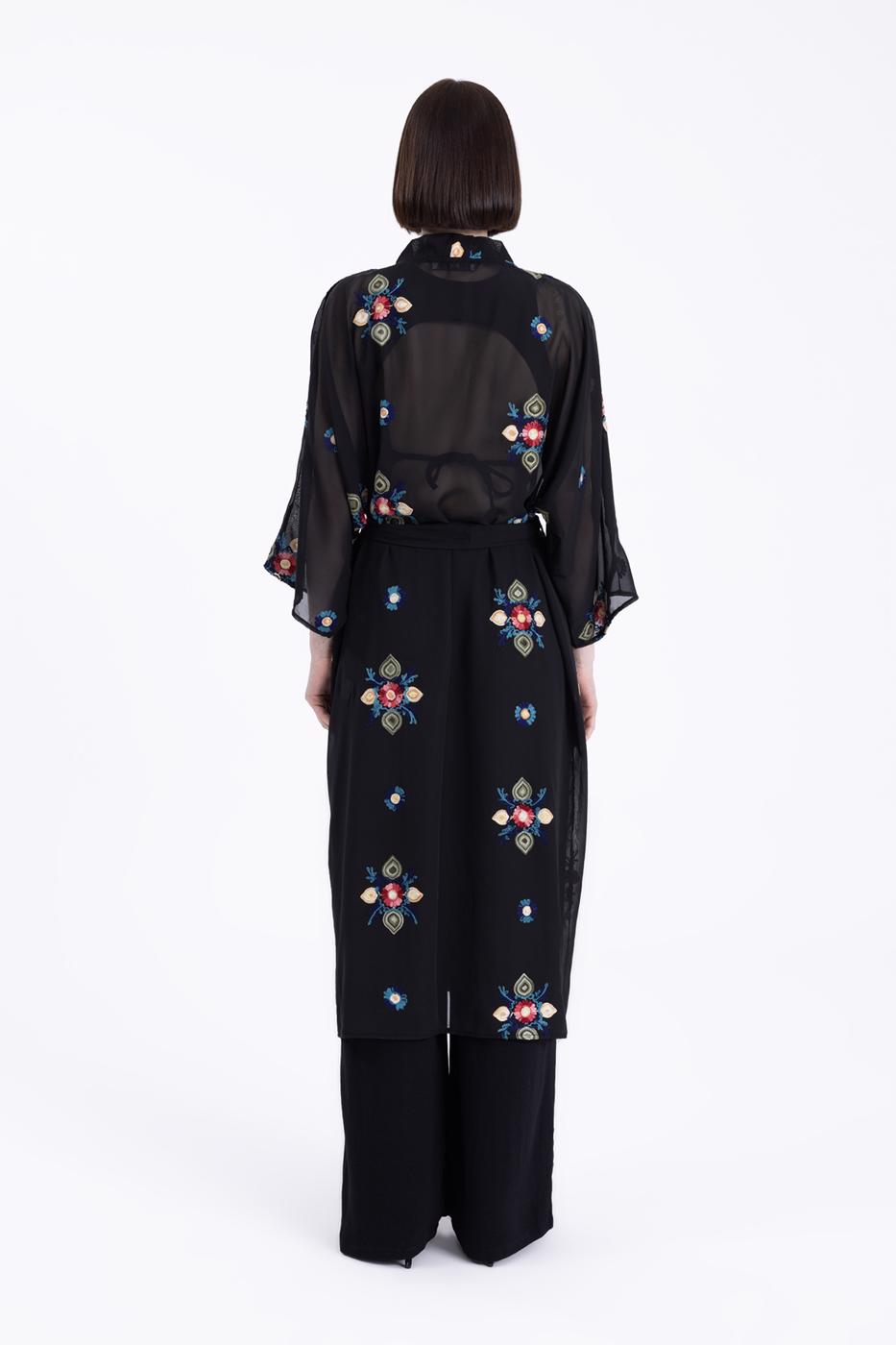 Bayan Siyah Nakışlı Şifon Kimono