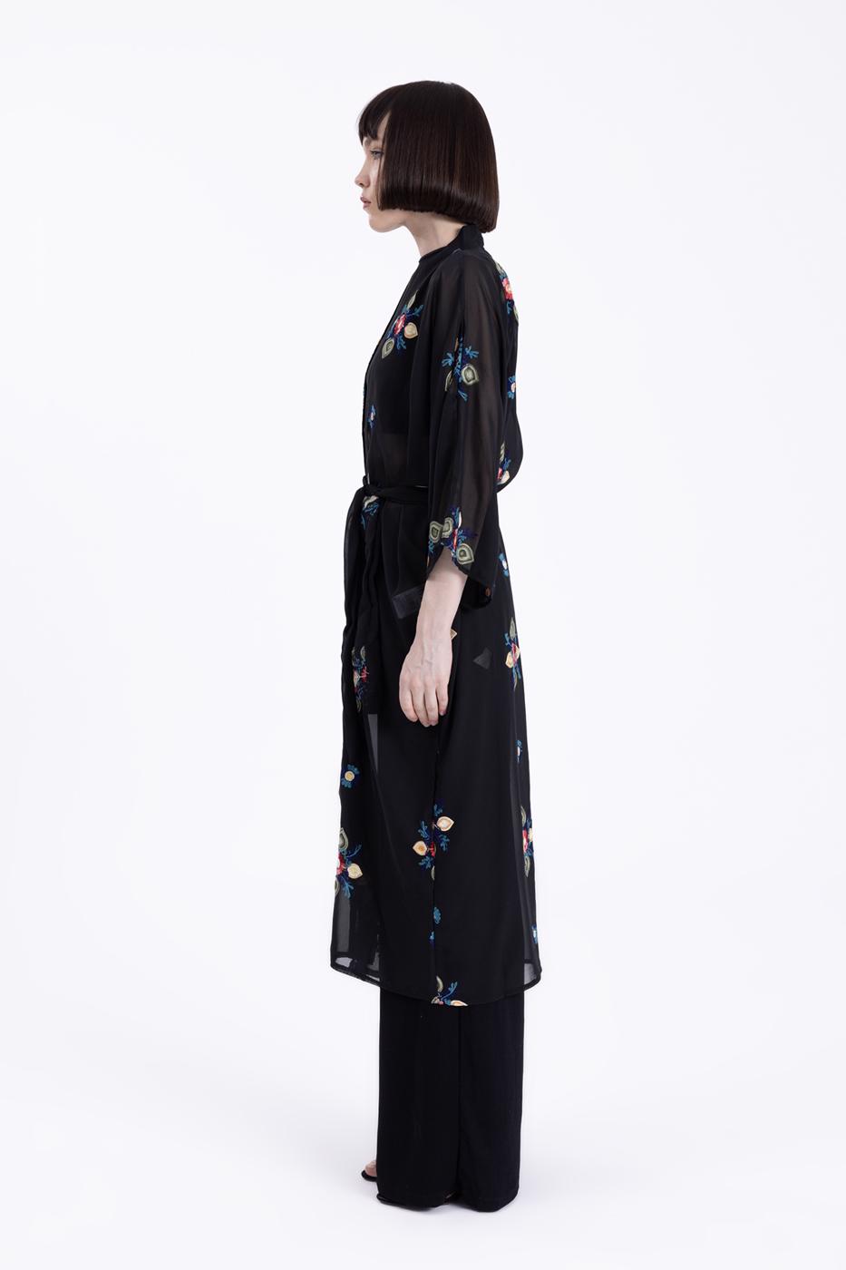 Bayan Siyah Nakışlı Şifon Kimono