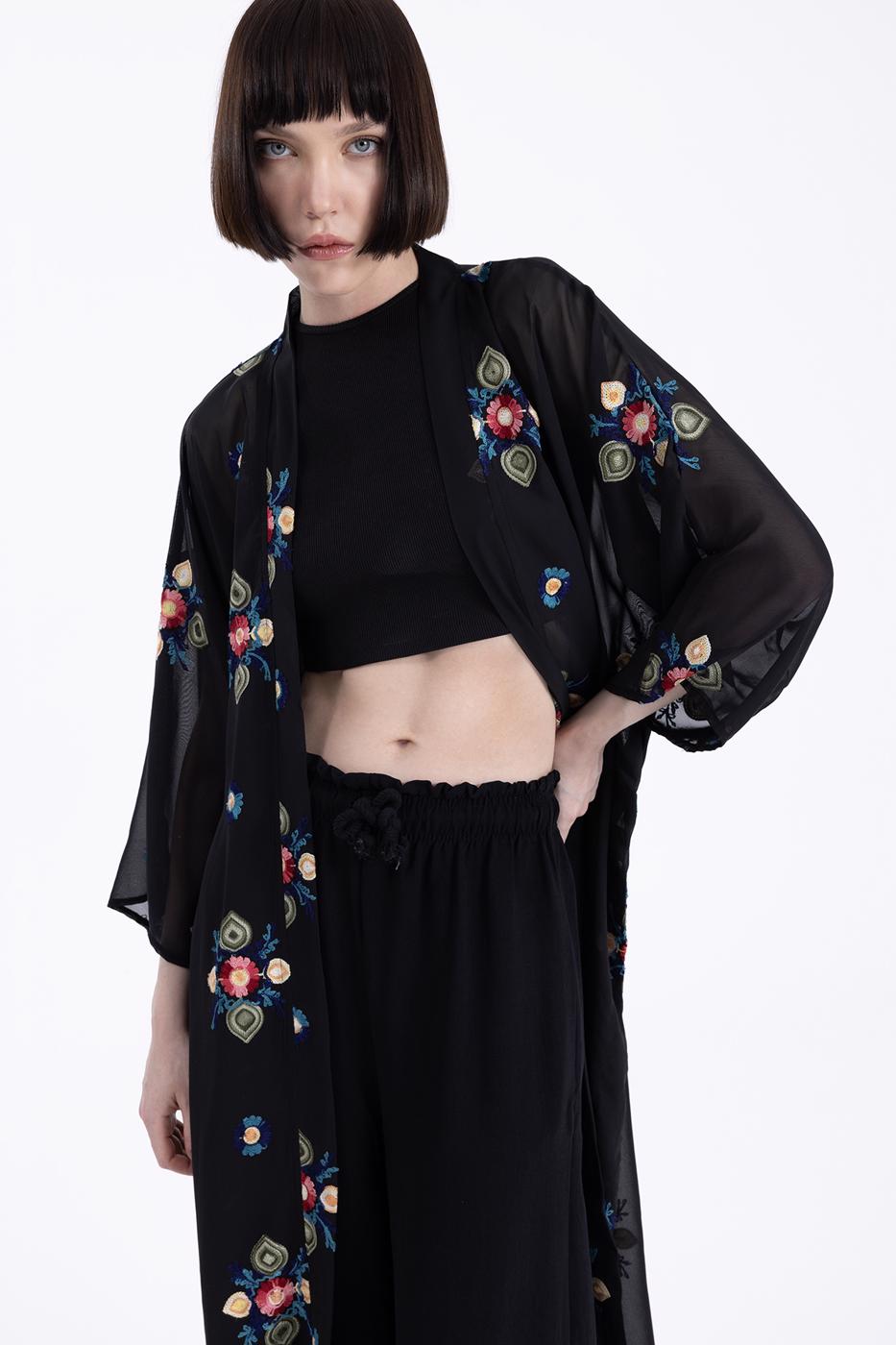 Bayan Siyah Nakışlı Şifon Kimono