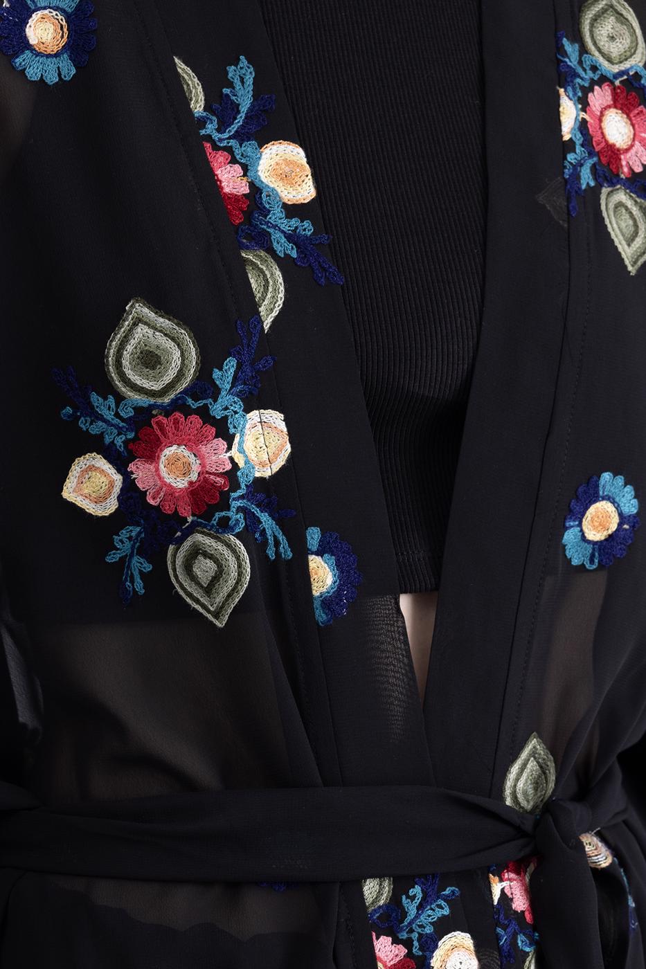 Bayan Siyah Nakışlı Şifon Kimono