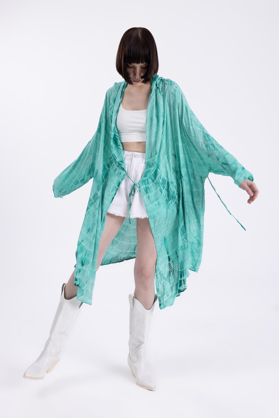 Bayan Yeşil Kapişonlu Midi Boy Kimono