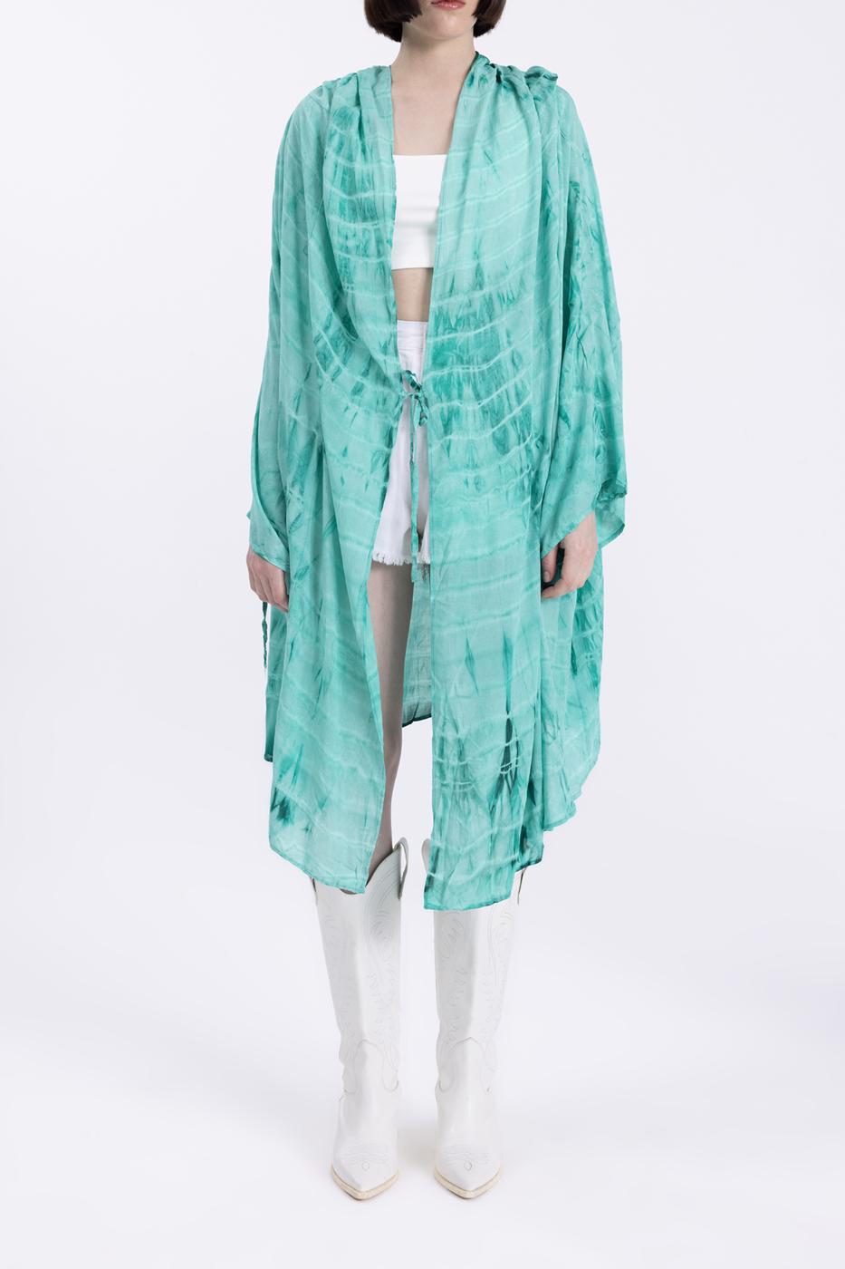 Bayan Yeşil Kapişonlu Midi Boy Kimono