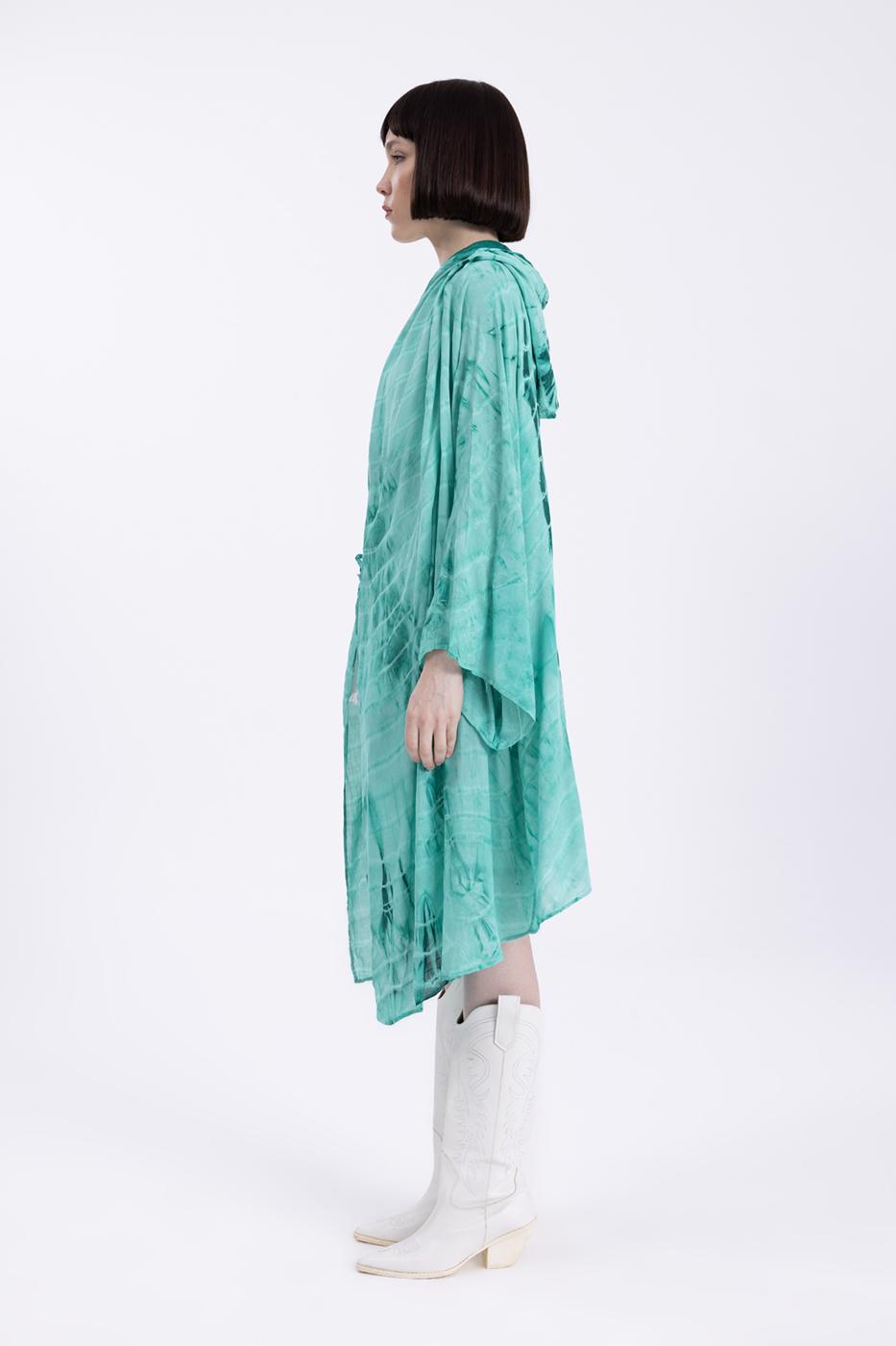 Bayan Yeşil Kapişonlu Midi Boy Kimono