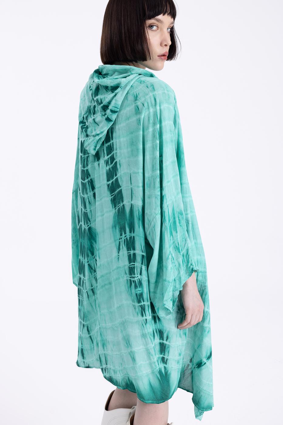 Bayan Yeşil Kapişonlu Midi Boy Kimono