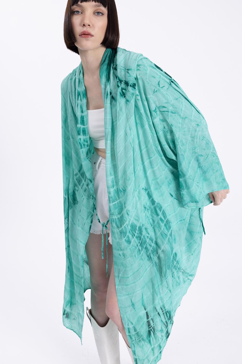 Bayan Yeşil Kapişonlu Midi Boy Kimono