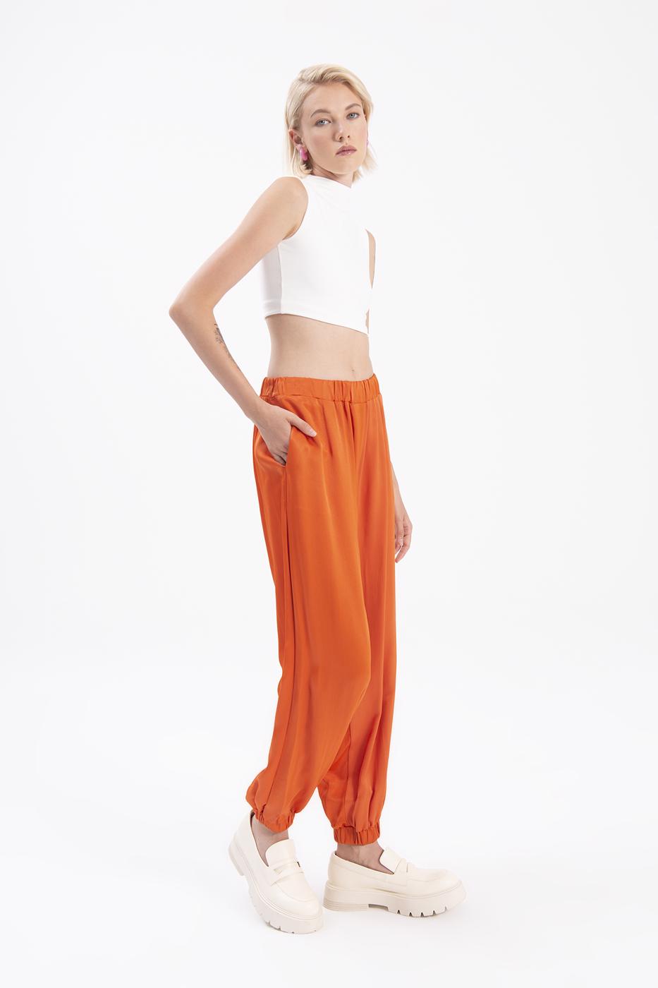 Bayan Oranj Saten Jogging Pantolon