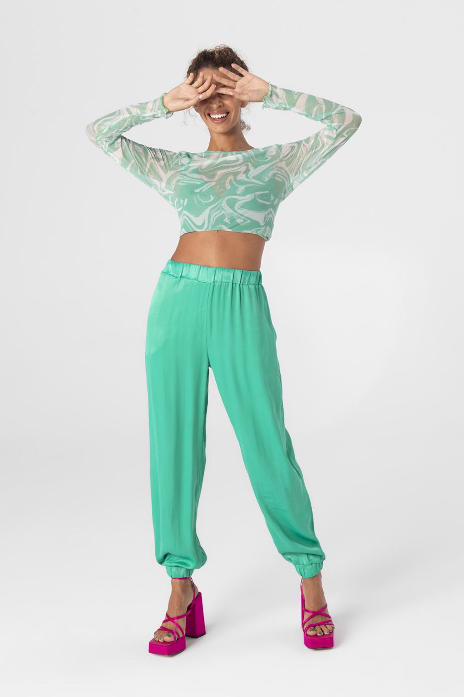 Bayan Yeşil Saten Jogging Pantolon