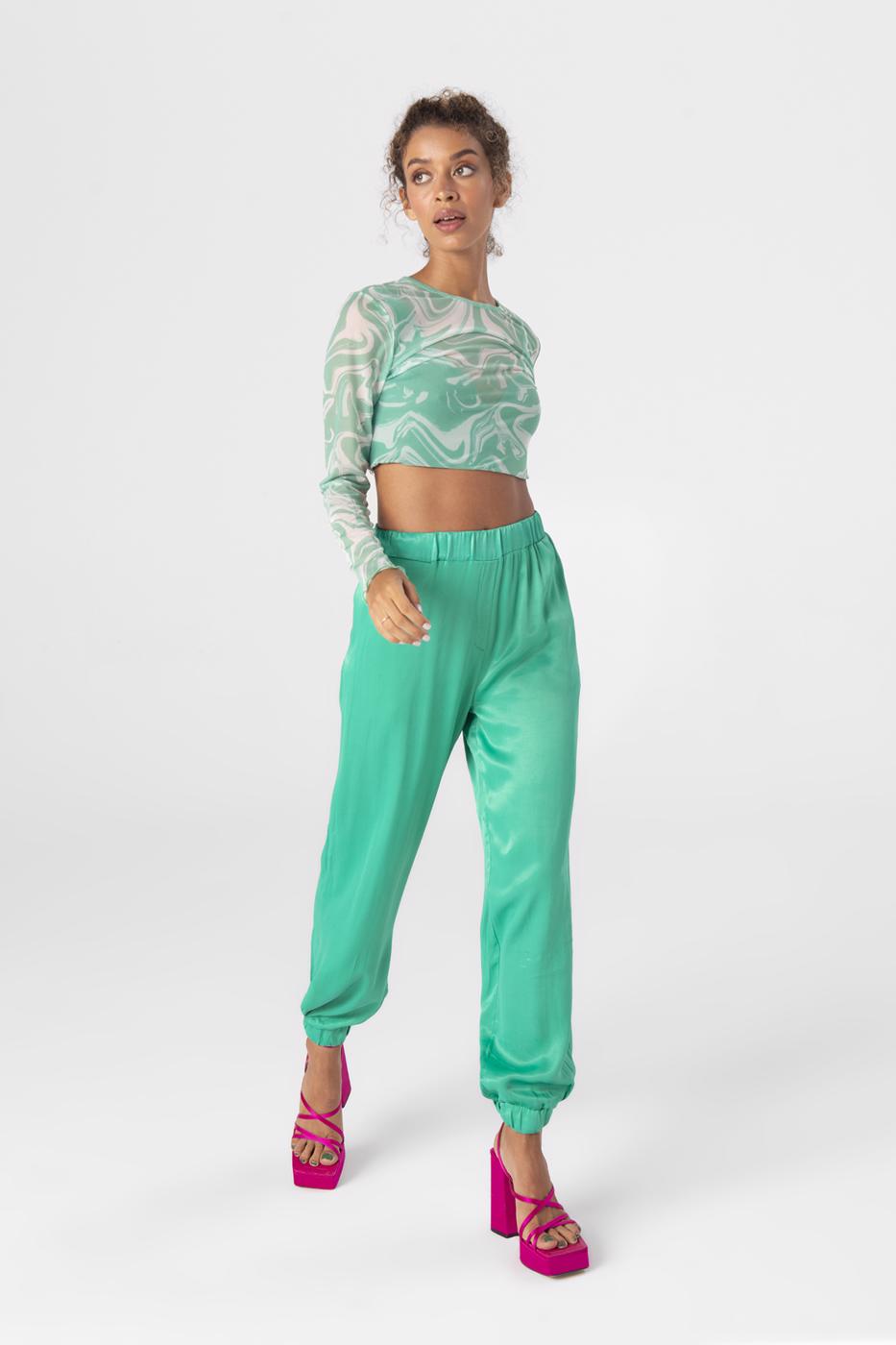 Bayan Yeşil Saten Jogging Pantolon
