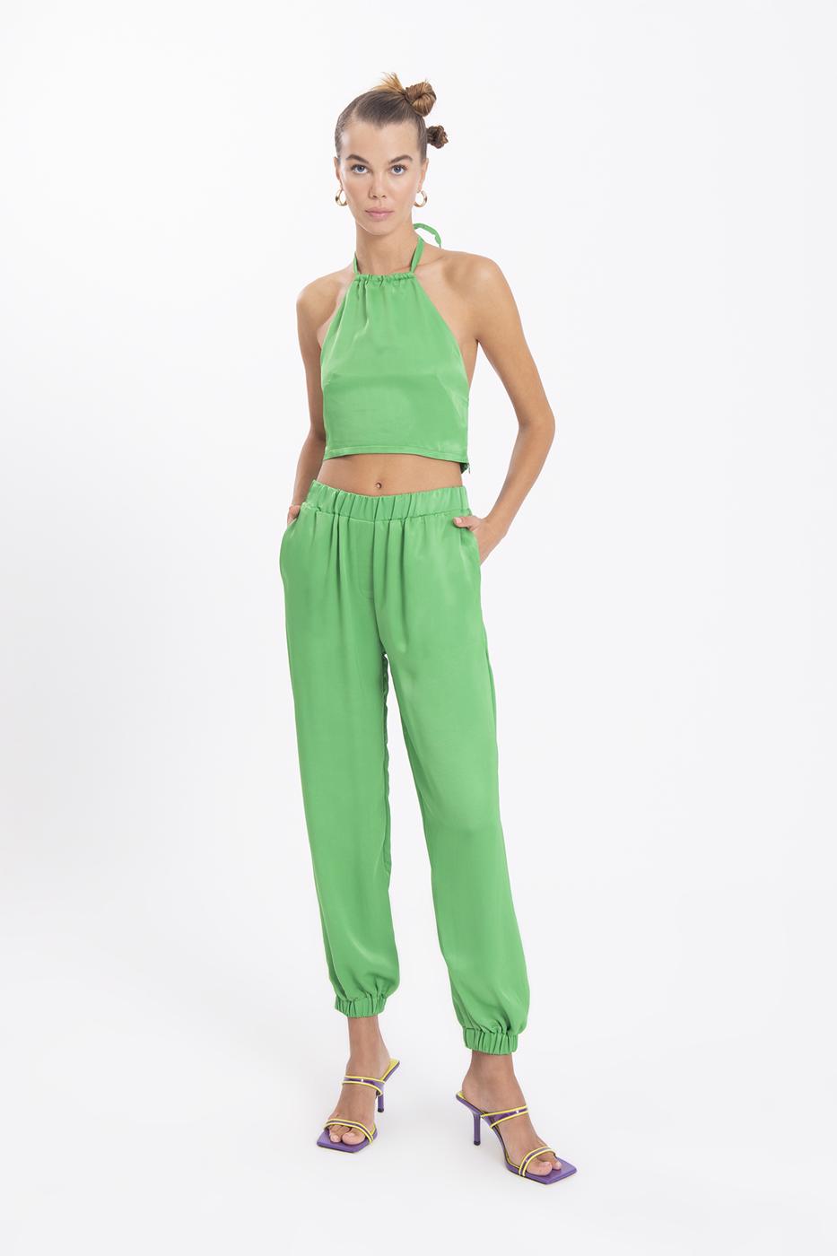 Bayan Yeşil Saten Jogging Pantolon