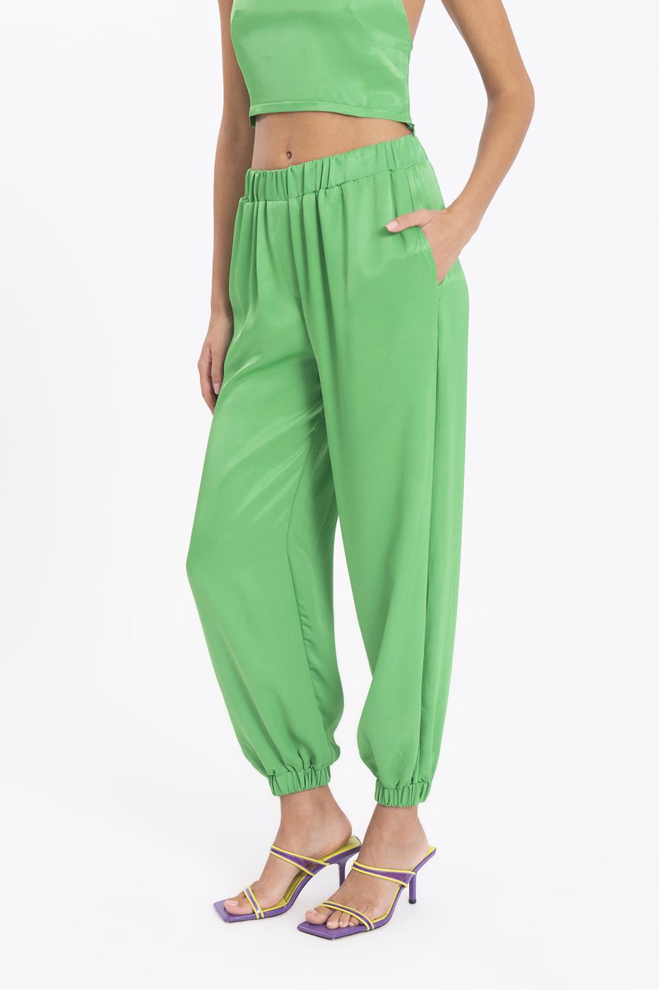 Bayan Yeşil Saten Jogging Pantolon
