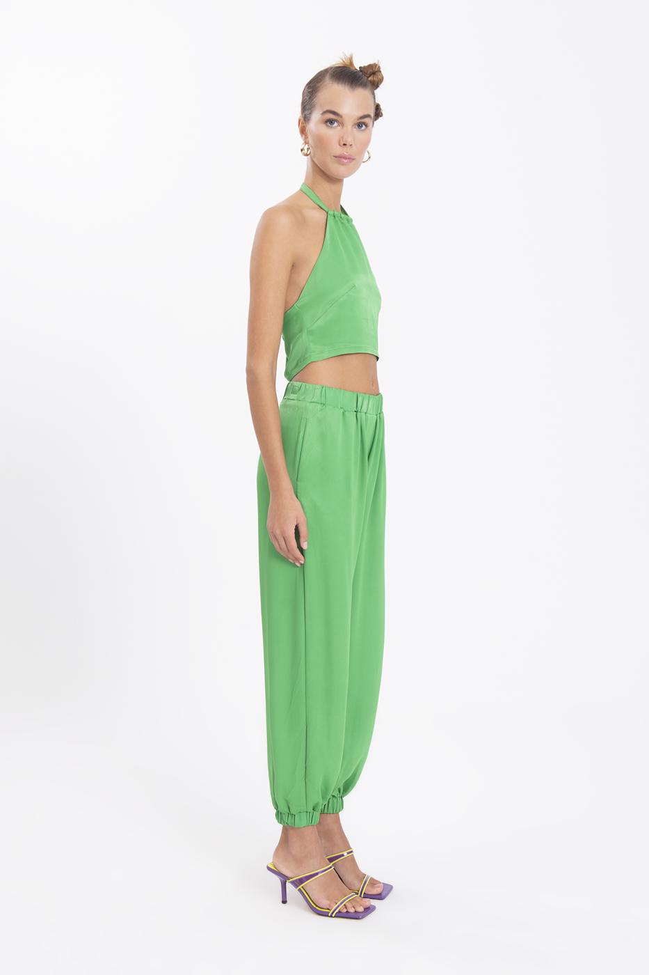 Bayan Yeşil Saten Jogging Pantolon