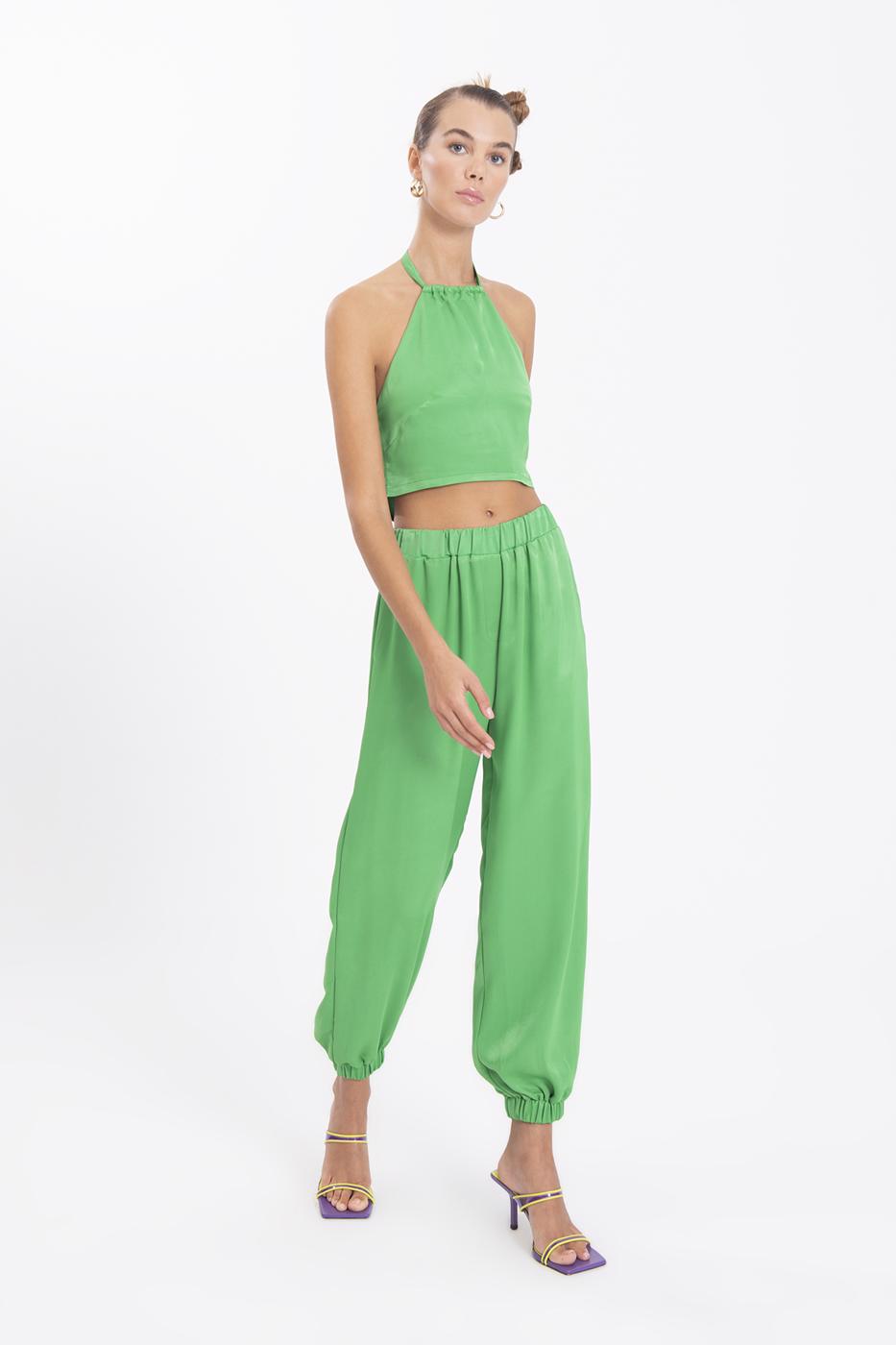 Bayan Yeşil Saten Jogging Pantolon