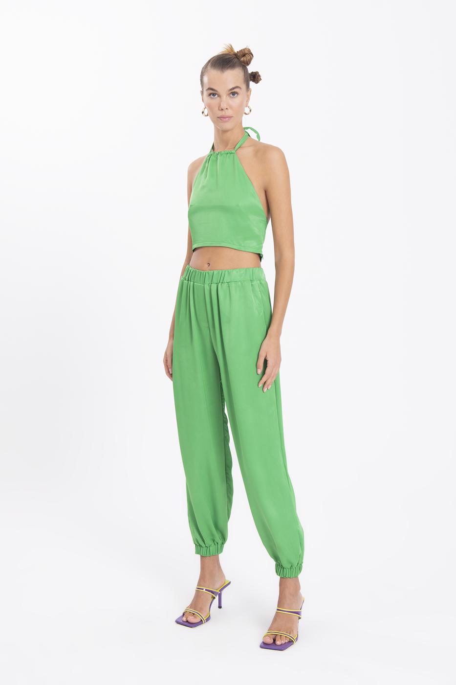 Bayan Yeşil Saten Jogging Pantolon