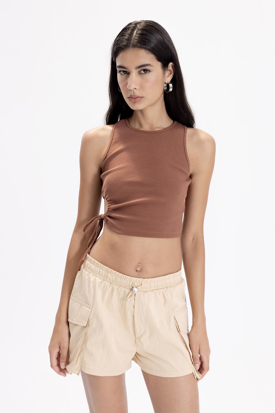 Bayan Kahverengi Halter Yaka Crop Body