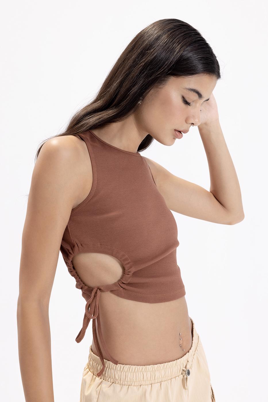 Bayan Kahverengi Halter Yaka Crop Body