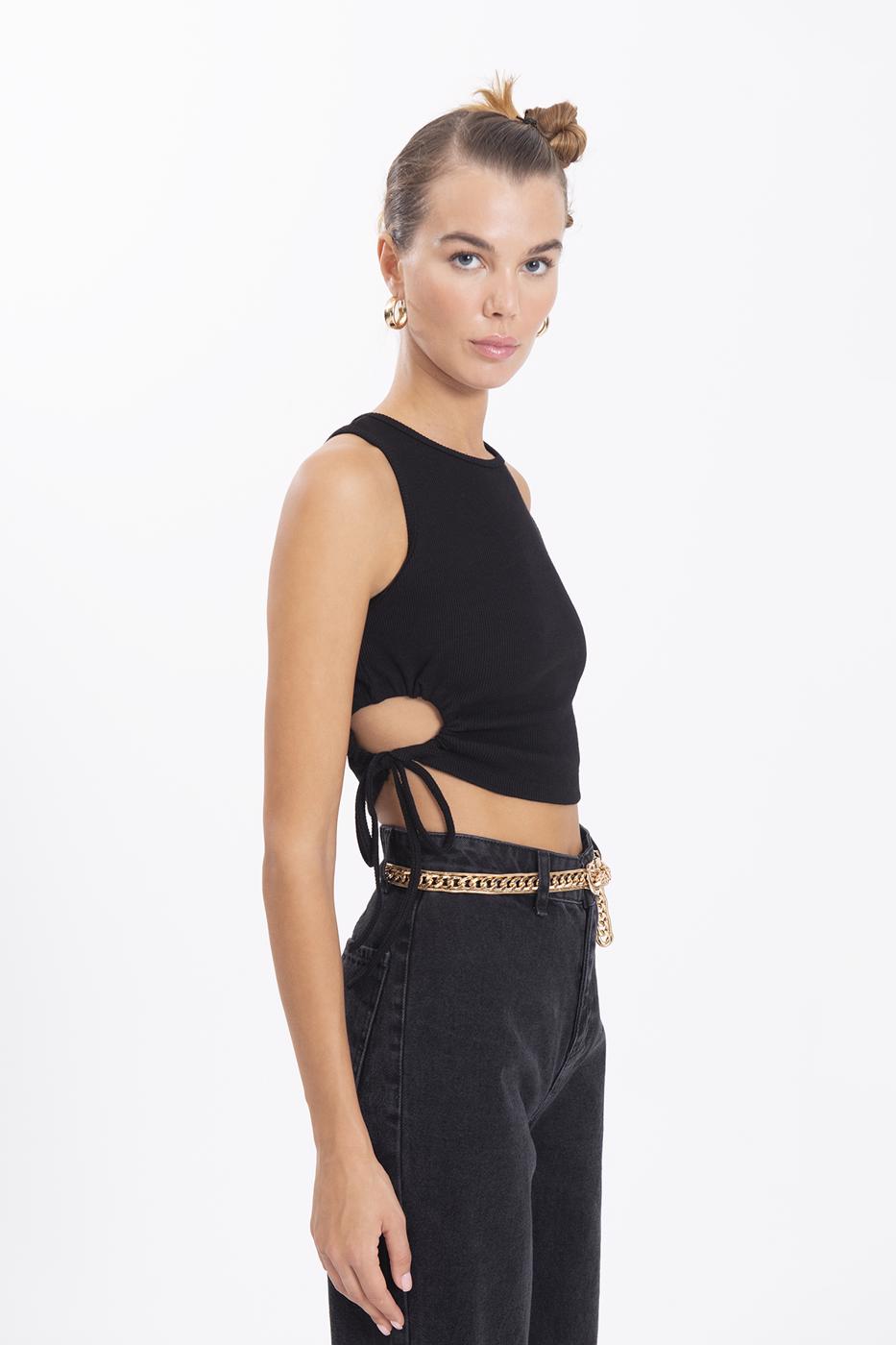 Bayan Siyah Halter Yaka Crop Body