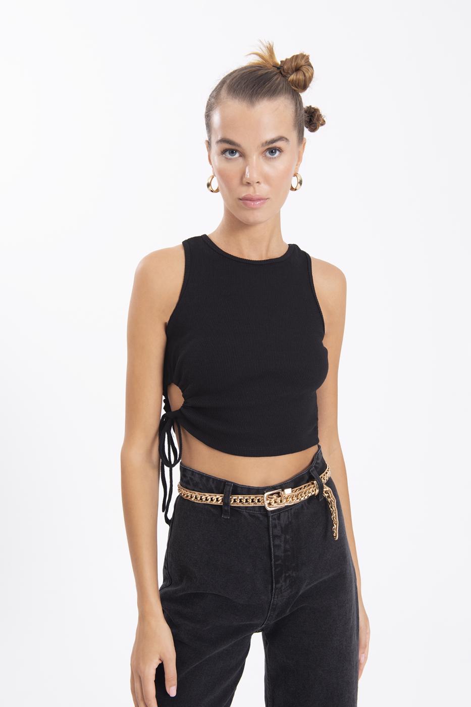 Bayan Siyah Halter Yaka Crop Body