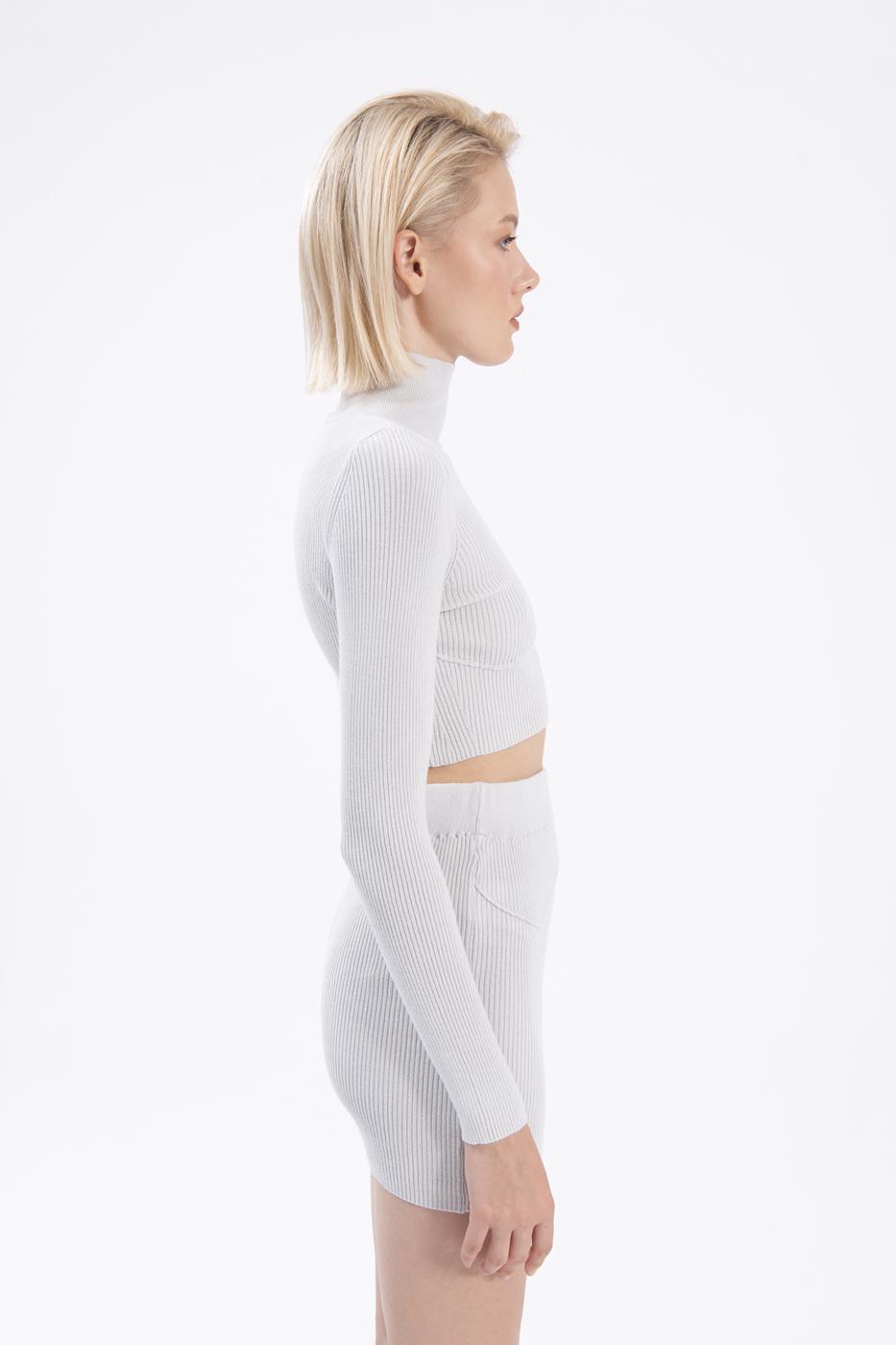 Bayan Gri Dik Yakalı Crop Triko Bluz