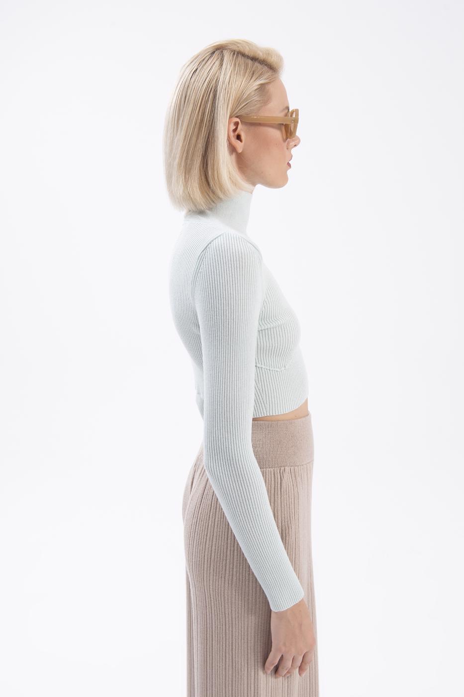 Bayan Yeşil Dik Yakalı Crop Triko Bluz