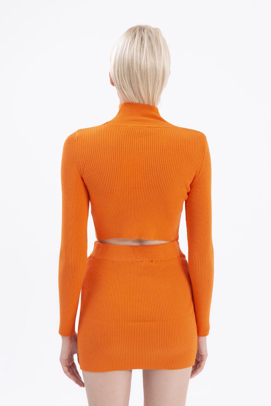 Bayan Oranj Dik Yakalı Crop Triko Bluz