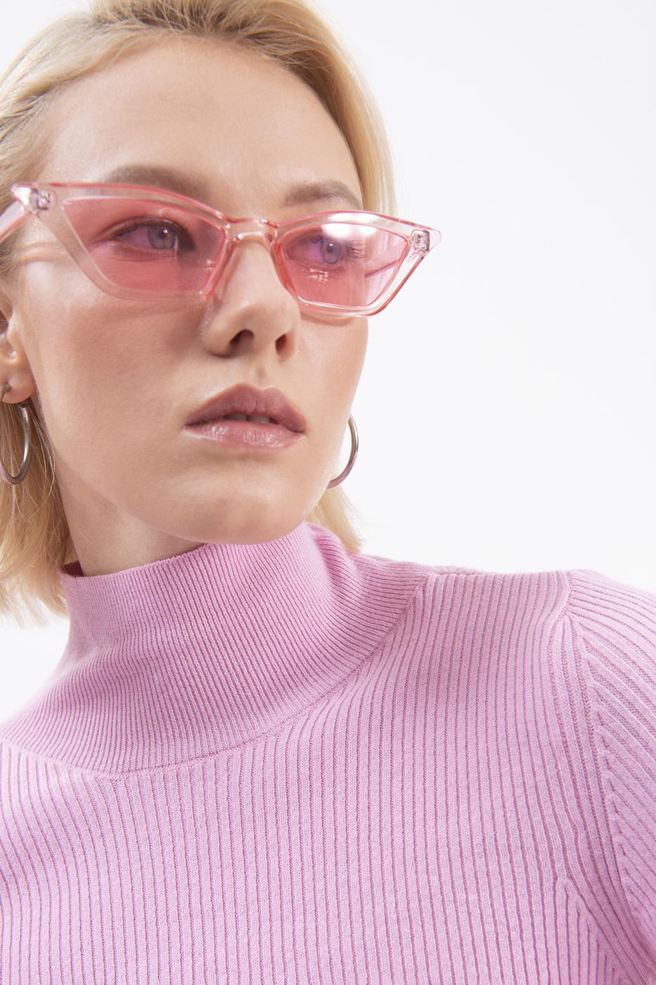 Bayan Pembe Dik Yakalı Crop Triko Bluz