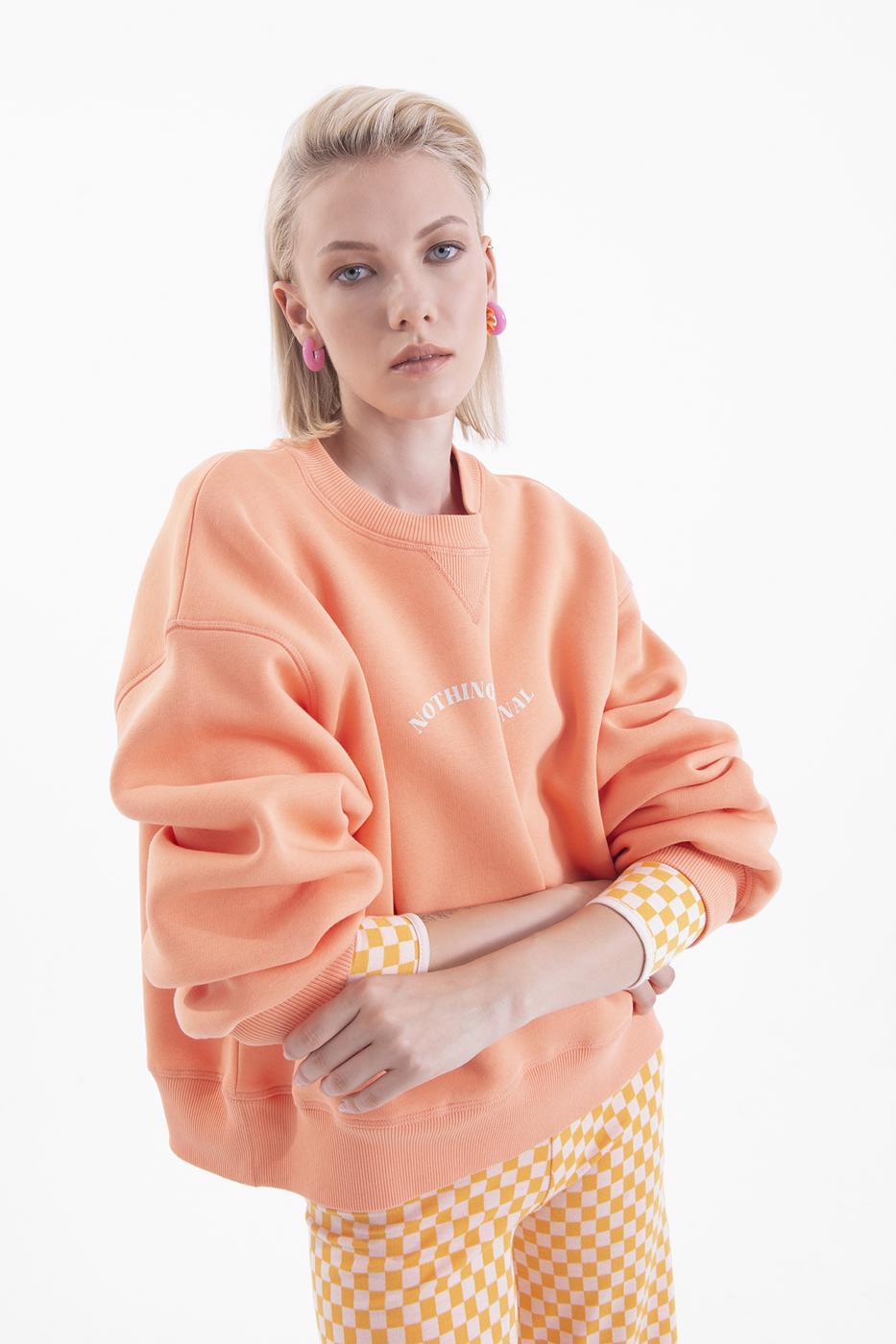 Bayan Somon Baskılı Basic Crop Sweatshirt