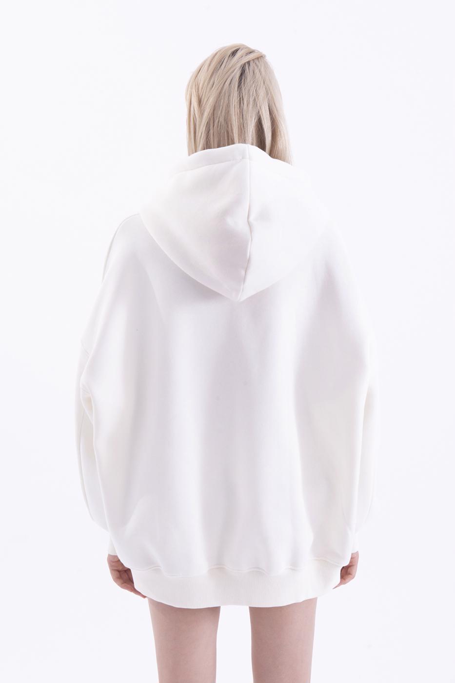 Bayan Ekru Kapşonlu Nakışlı Oversize Sweatshirt