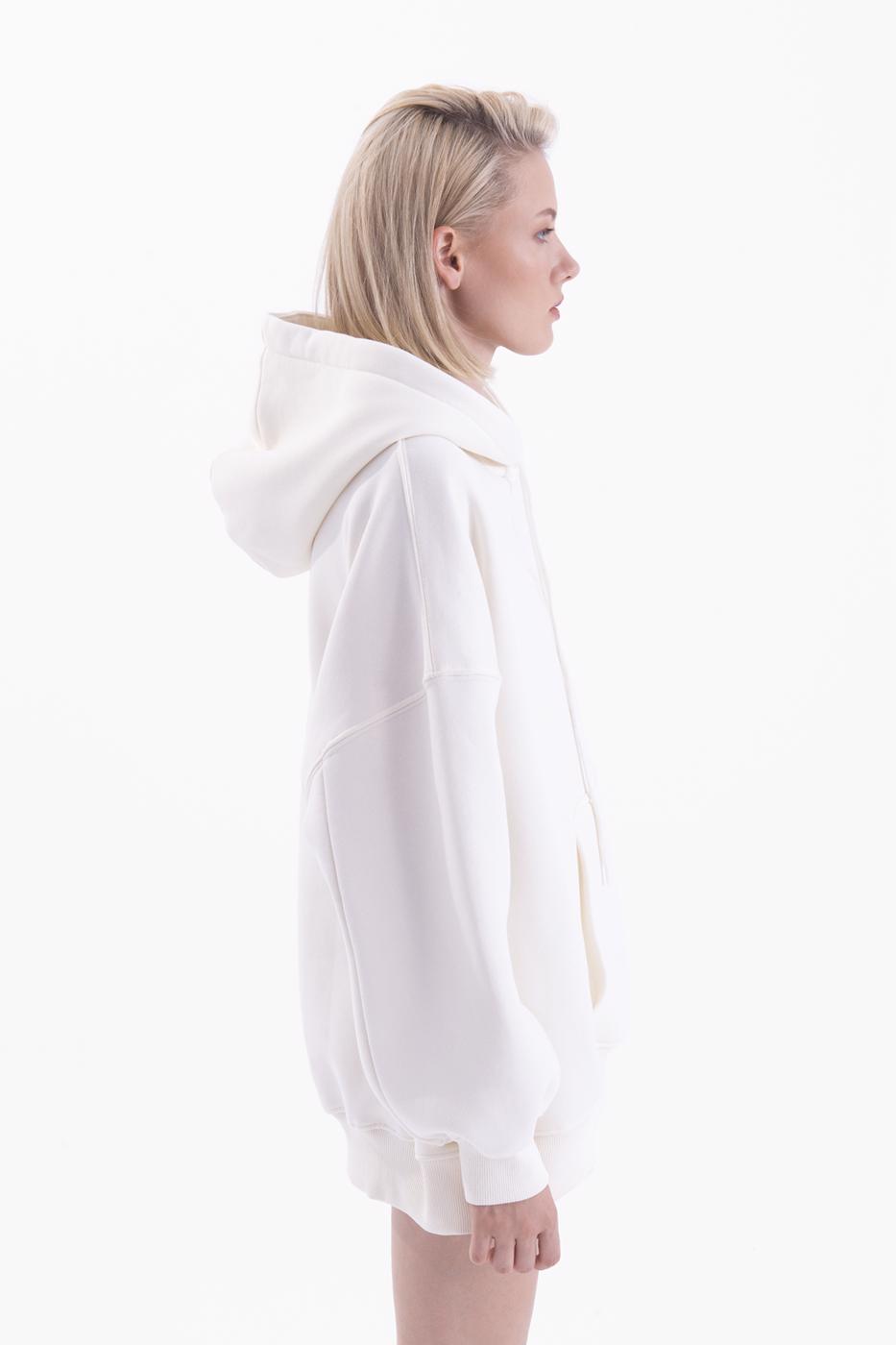 Bayan Ekru Kapşonlu Nakışlı Oversize Sweatshirt