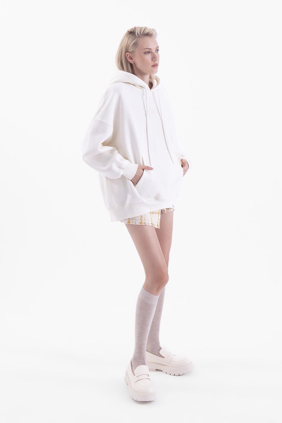 Bayan Ekru Kapşonlu Nakışlı Oversize Sweatshirt