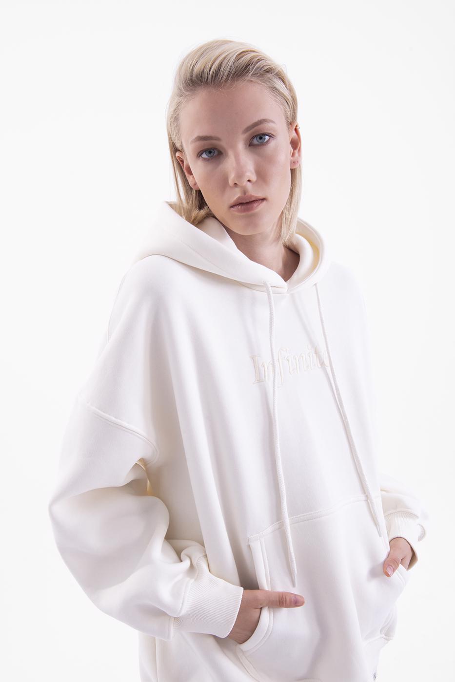 Bayan Ekru Kapşonlu Nakışlı Oversize Sweatshirt