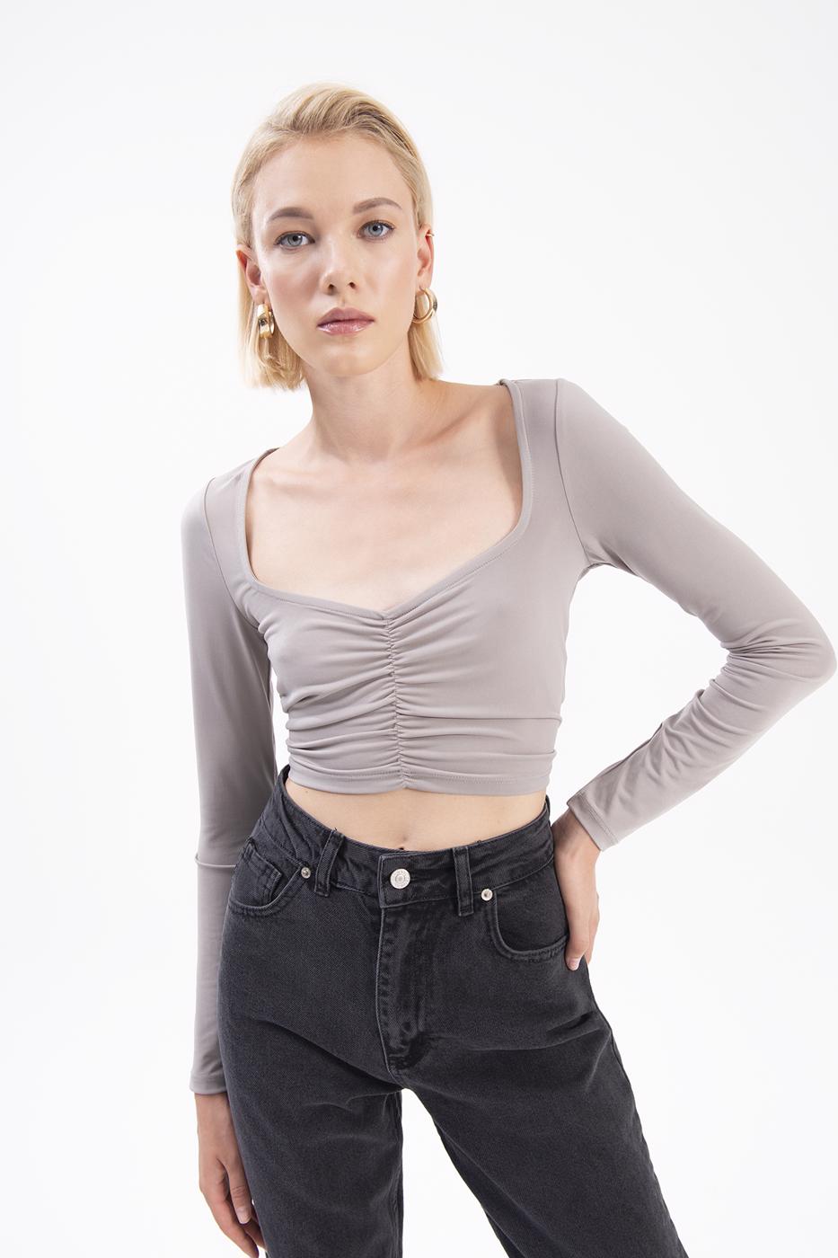 Bayan Gri Uzun Kollu Crop Body