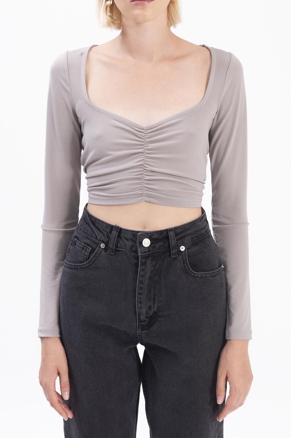 Bayan Gri Uzun Kollu Crop Body