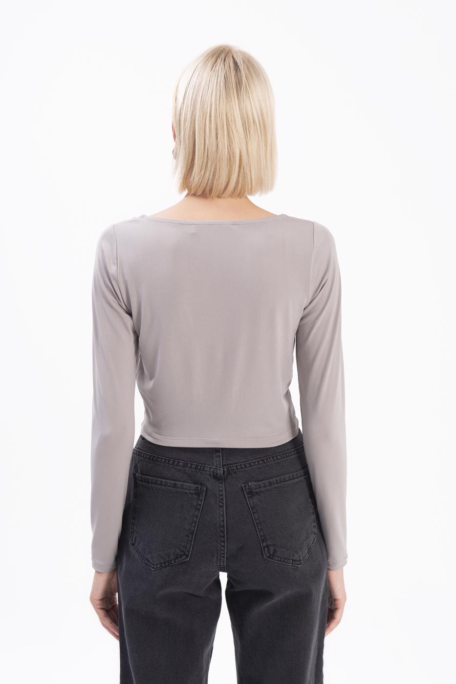 Bayan Gri Uzun Kollu Crop Body
