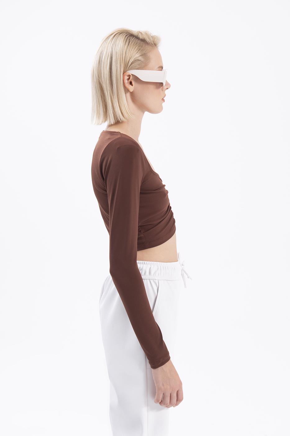 Bayan Kahverengi Uzun Kollu Crop Body
