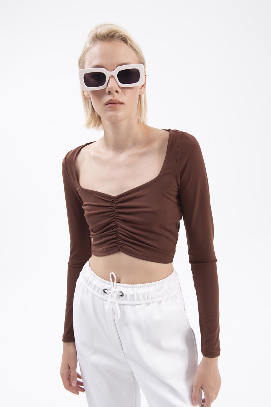 Bayan Kahverengi Uzun Kollu Crop Body