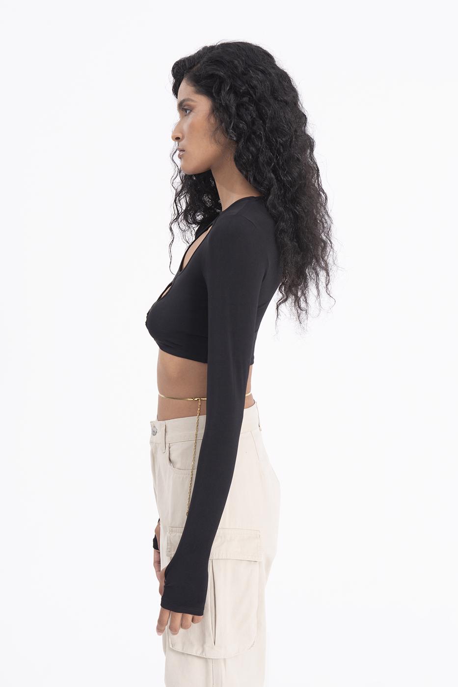 Bayan Siyah Pencere Detaylı Crop Body