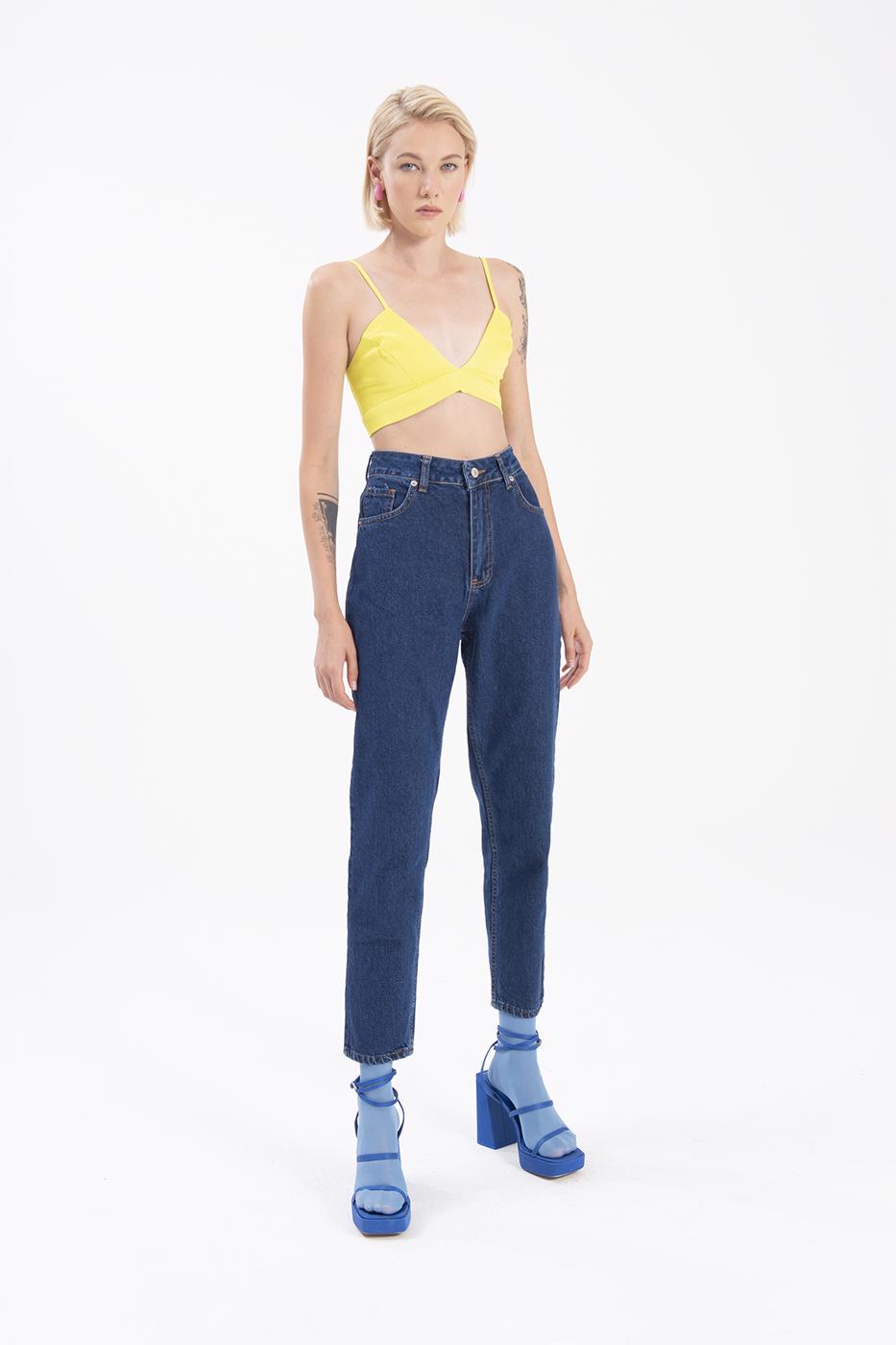Bayan Lacivert Yüksek Bel Denim Pantolon