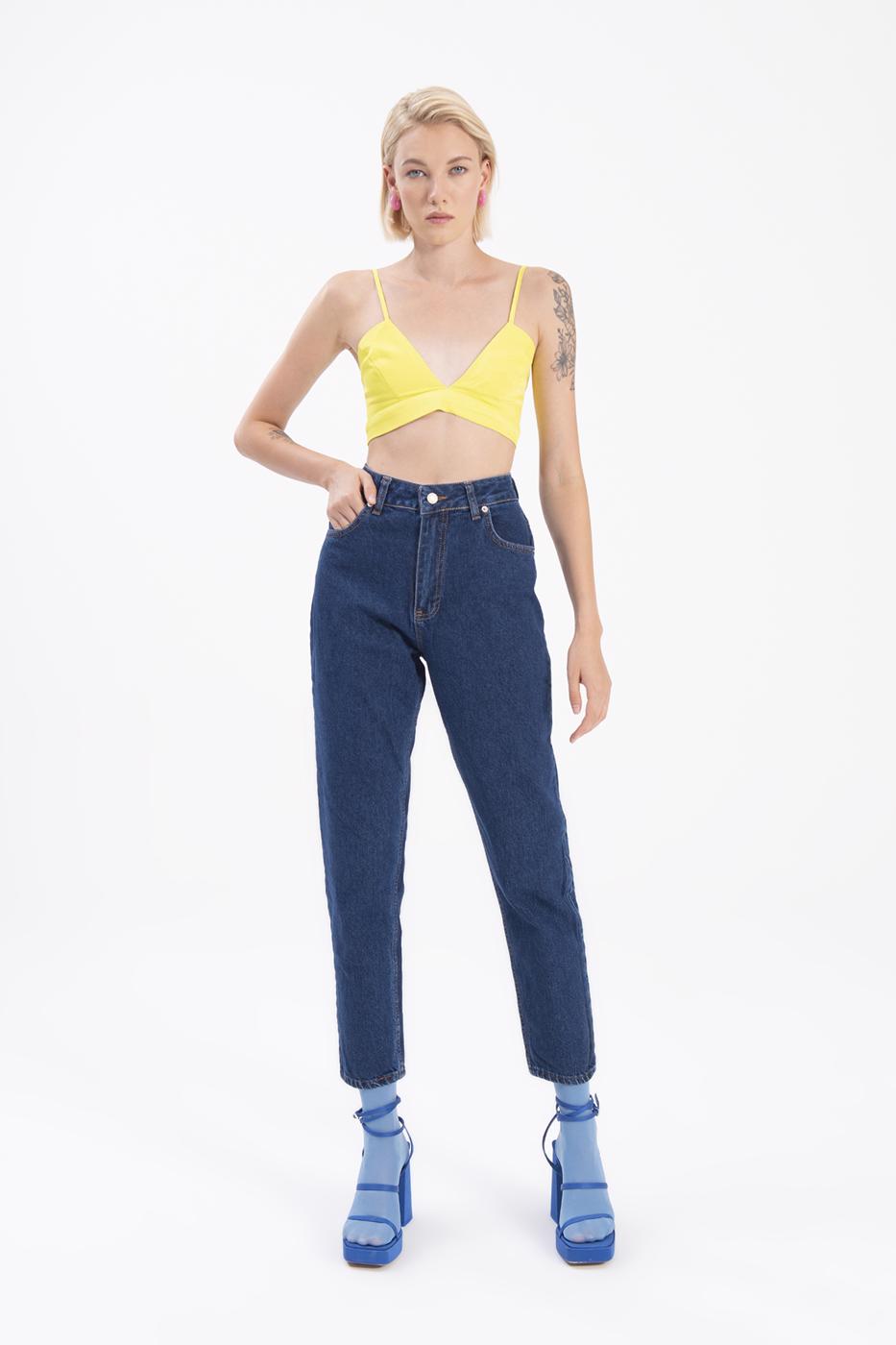 Bayan Lacivert Yüksek Bel Denim Pantolon