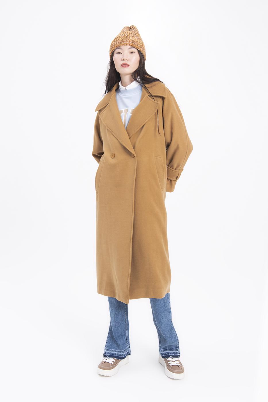 Bayan Camel Oversize Kaşe Uzun Kaban
