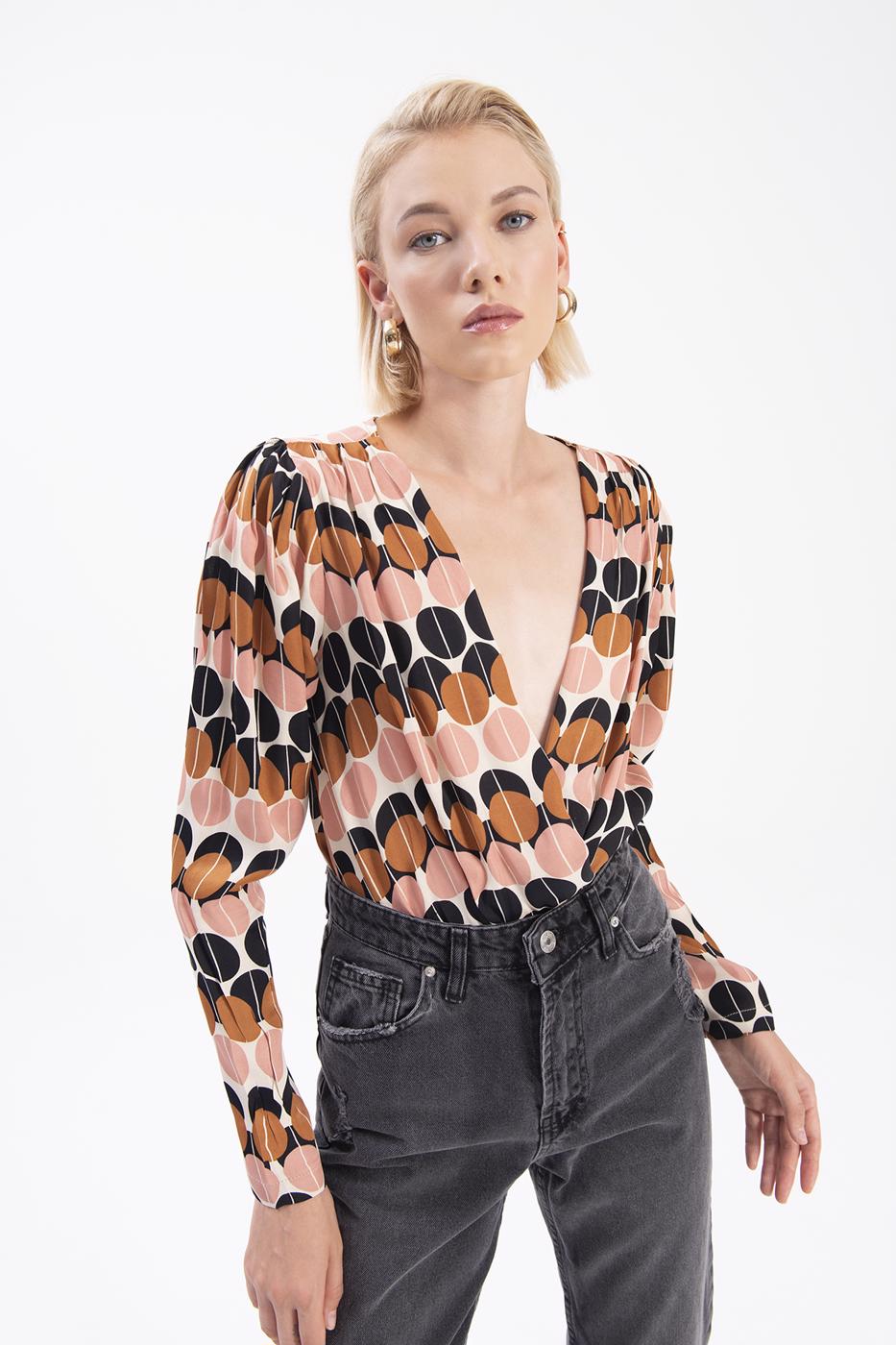 Bayan Ekru Kruvaze Yaka Bodysuit