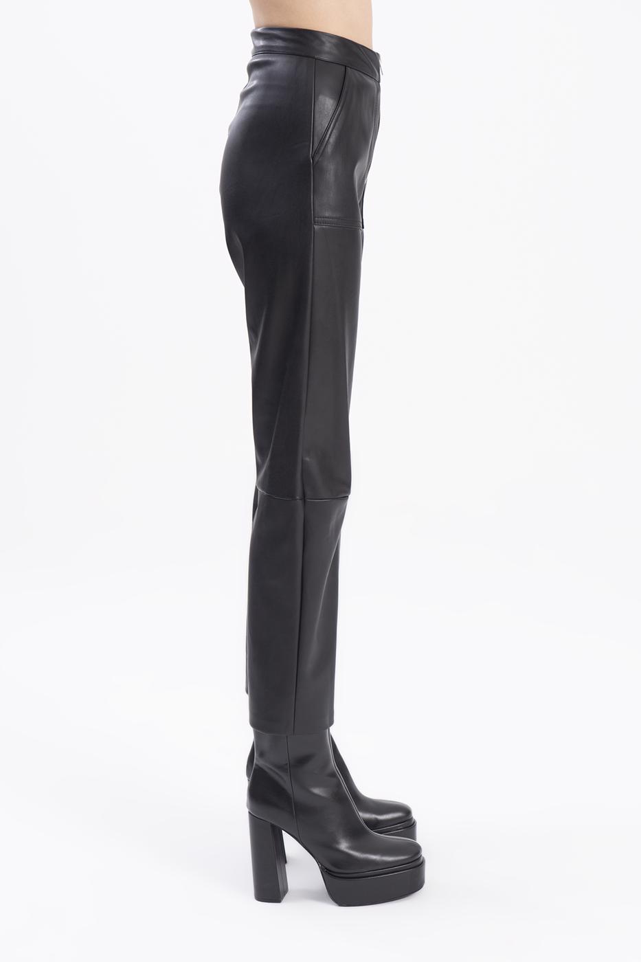 Female Black Anckle-Length Wide Leg Faux Leather Pants