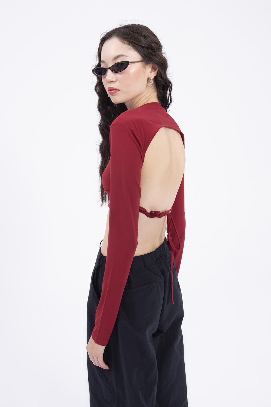 Bayan Bordo Sırt Dekolteli Crop Top