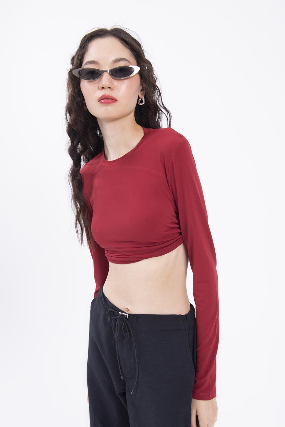 Bayan Bordo Sırt Dekolteli Crop Top